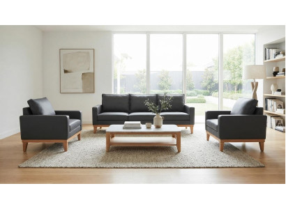 Dreisitzer Sofa Zwei Sessel Kunstleder Schwarz Holzgestell Modern