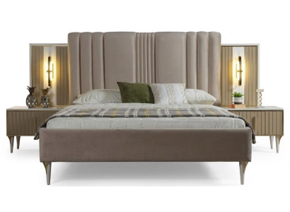 Bett Nachttisch Schlafzimmer Beige Weiss Modern Eleganter Luxus