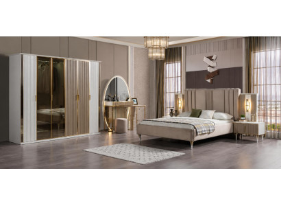 Bett Schrank Schminktisch Schlafzimmer Beige Weiss Modern Luxus