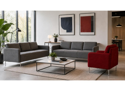 Graues Stoffsofa Dreisitzer Sessel Sitzgruppe Metallbeine Stilvoll