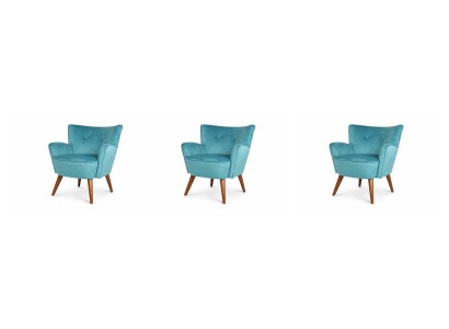Drei Sessel Blau Stoff Polstergruppe Holzbeine Retro Wohnzimmer Möbel