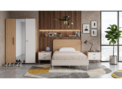 Weiß-braunes Jugendzimmer Bett Kleiderschrank Nachttische modern hochwertig