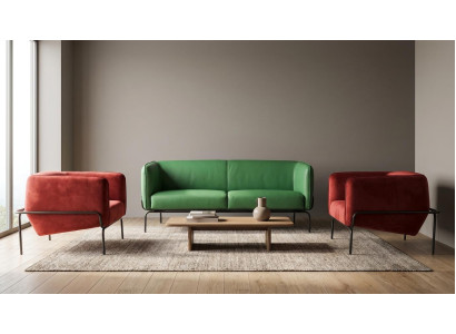 Dreisitzer Sofa Grün Kunstleder Zwei Rote Sessel Stoff Metallgestell