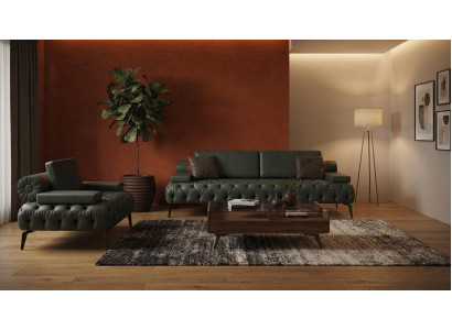 Dreisitzer Sofa Sessel Dunkelgrün Kunstleder Chesterfield Polster