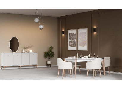 Modern Weiß Esszimmer Esstisch 4x Stühle Sideboard Spiegel Holz Textil