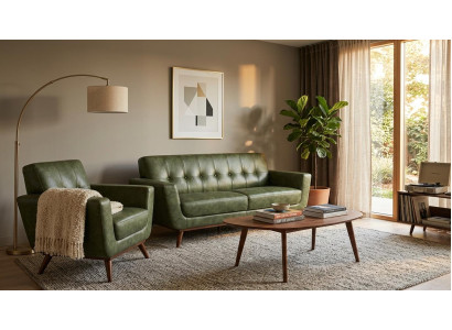 Dreisitzer Sofa Sessel Kunstleder Grün Retro Wohnzimmer Polstermöbel