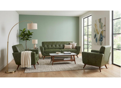 Dreisitzer Sofa Zwei Sessel Kunstleder Grün Retro Wohnzimmer Garnitur