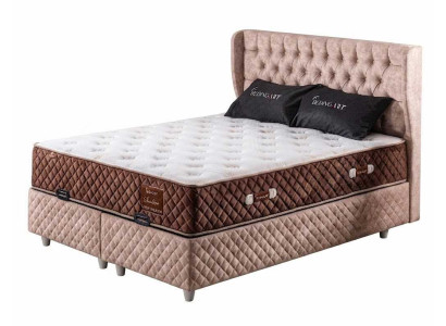 Beiges Polsterbett 180x200 Stoff Holz Kopfteil Modern Schlafzimmer Design