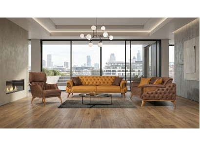 Modernes Braun 3-Sitzer Sofa Set 2 Sofas Sessel Wohnzimmer Luxus Möbel