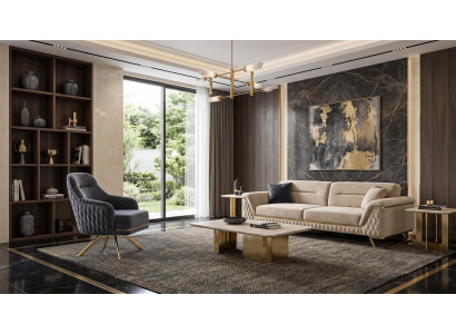 Luxuriöses Sofapaar 3-Sitzer Sessel Creme Goldene Zierleisten