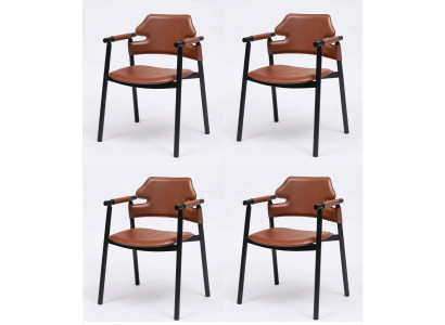 4x Esszimmerstuhl Braun Leder Armlehnen Schwarz Modern Industrial Loft