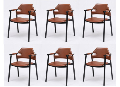 6x Esszimmerstuhl Cognac Braun Armlehnen Leder Schwarz Modern Holz
