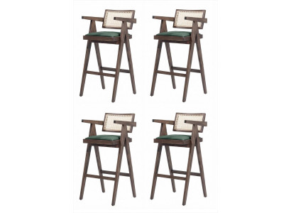 4er-Set Barhocker Holz Braun Grün Rattan Geflecht Armlehnen Design