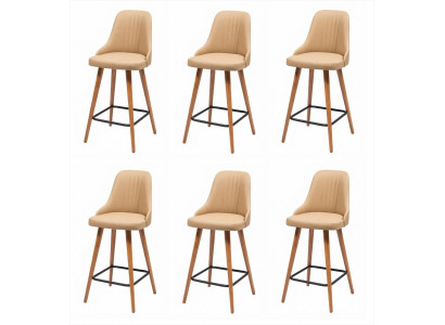 6er-Set Barhocker Beige Leder Holzbeine Schwarz Modern Skandinavisch