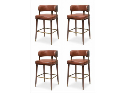 4x Barhocker Braun Gepolstert Holz Messing Vintage Retro Design Metall