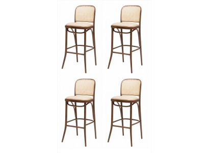 4x Barhocker Holz Braun Rattan Wiener Geflecht Beige Gepolstert Design