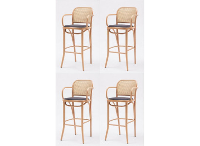 4x Barhocker Natur Rattan Wiener Geflecht Armlehnen Gepolstert Schwarz