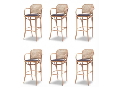 6x Barhocker Rattan Wiener Geflecht Armlehnen Gepolstert Schwarz Holz