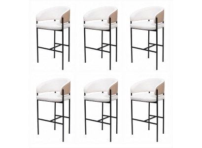6x Barhocker Weiß Beige Rückenlehne Schwarz Metall Modern Textil