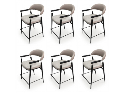 6x Barhocker Beige Grau Gepolstert Armlehnen Schwarzes Metallgestell Modern
