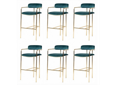 6x Barhocker Grün Gold Gepolstert Metall Armlehnen Fußstütze Modern