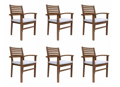 6x Stühle Braun Weiß Holz Textilkissen Armlehnen Gepolstert Modern