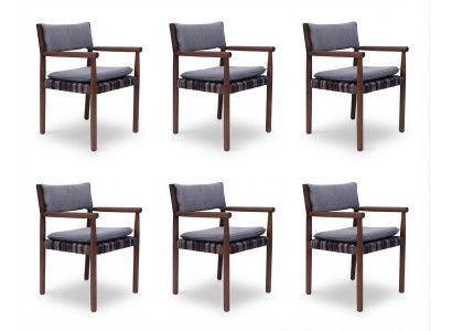 6x Stühle Grau Braun Holz Textil Armlehnen Gepolstert Modern Design