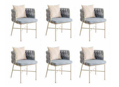 6x Moderne Gartenstühle Grau Beige Polsterstuhl Textil Metall Rope Set