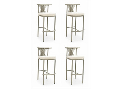 4x Barhocker Beige Modern Holzgestell Geflochtene Rückenlehne Polster