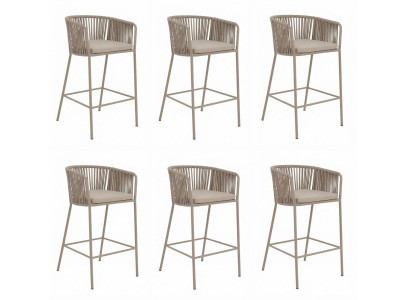 6x Barhocker Beige Metallgestell Seilgeflecht Polster Armlehnen Modern