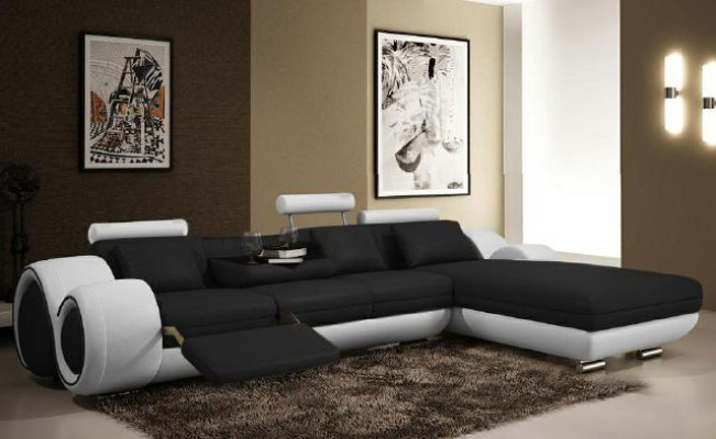 Ecksofa Wohnlandschaft Couch Ledersofa Sofa Polster Garnitur Ecke - Grau-Weiß