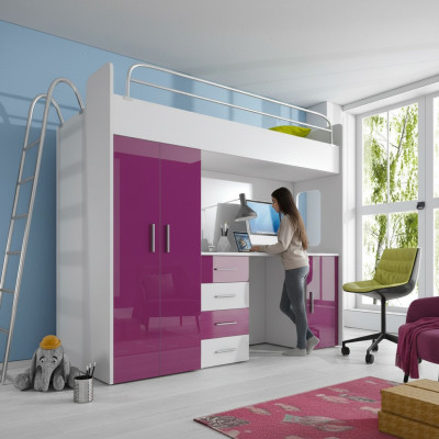 DOPPELSTOCKBETT STOCKBETT ETAGENBETT MIT SCHREIBTISCH+KLEIDERSCHRANK-RAJ 4D LILA