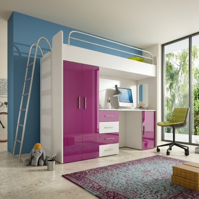 DOPPELSTOCKBETT STOCKBETT ETAGENBETT MIT SCHREIBTISCH+KLEIDERSCHRANK-RAJ 4D LILA