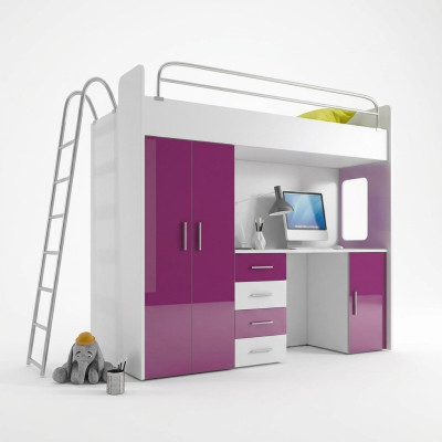 DOPPELSTOCKBETT STOCKBETT ETAGENBETT MIT SCHREIBTISCH+KLEIDERSCHRANK-RAJ 4D LILA