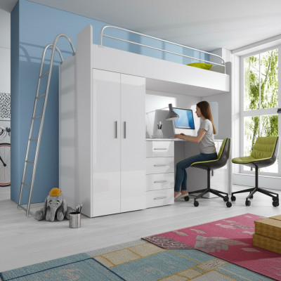 DOPPELSTOCKBETT STOCKBETT ETAGENBETT MIT SCHREIBTISCH+KLEIDERSCHRANK-RAJ 4D WEIß