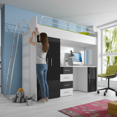 DOPPELSTOCKBETT STOCKBETT ETAGENBETT SCHREIBTISCH+KLEIDERSCHRANK-RAJ 4D SCHWARZ
