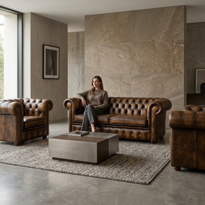 Chesterfield Ledersofa 2+1+1 Textil Couch Stoff Polster Sofa Garnitur