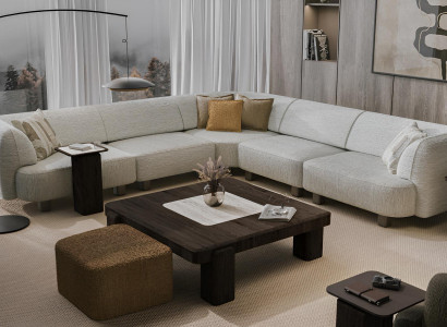 Elegantes L-Form Polstersofa Designer 3x Beistelltische Textil Hocker