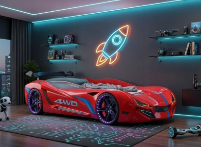 Kinderbett in Rennwagen Design mit LED Beleuchtung und Komfort