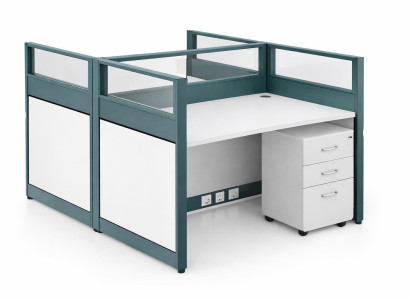 Modularer Büroarbeitsplatz mit Sichtschutz und Rollcontainer Set
