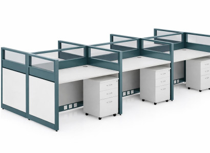 Modulares Bürotisch-System für 3 Arbeitsplätze mit Glasaufsatz