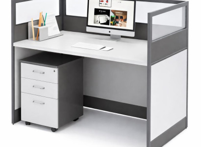 Moderner Bürotisch mit Sichtschutz und Glasaufsatz in Grau-Weiß