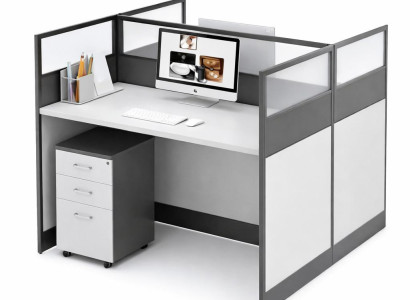 Moderner Bürotisch mit Sichtschutz und Glasaufsatzsystem in Grau