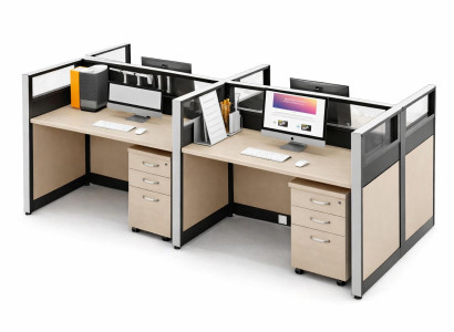 Moderner Bürotisch Teamarbeitsplatz mit Sichtschutz und Container