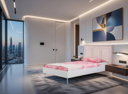 Bett mit rosa Kopfteil und Holzrahmen für modernes Schlafzimmer