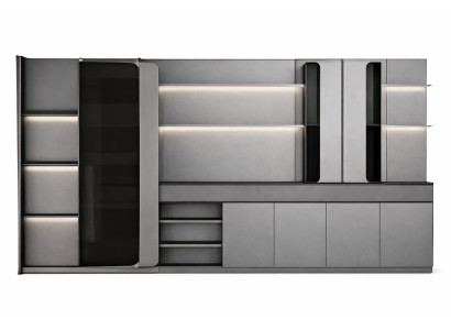 Modularer Büroschrank mit LED-Beleuchtung und eleganter Glasfront
