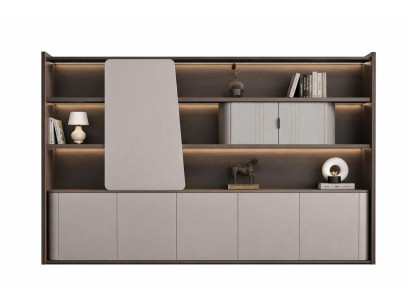 Moderne Büroschrankwand mit LED-Beleuchtung und eleganten Regalen