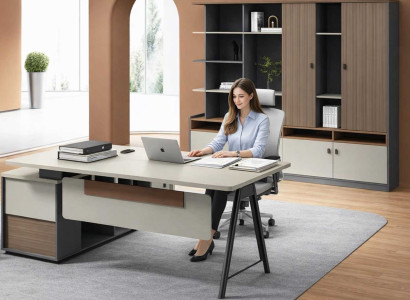 Moderner Set Eckschreibtisch Holz Braun mit Büroschrank für Ihr Büro