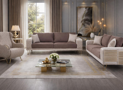 Elegantes Beiges Wohnzimmer Polster-Set 2x Edle 3-Sitzer Textilsessel