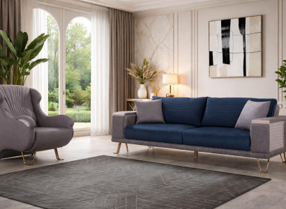 Blau-Beige Sofagarnitur Polstercouch Edle Wohnzimmer Sofas Sessel